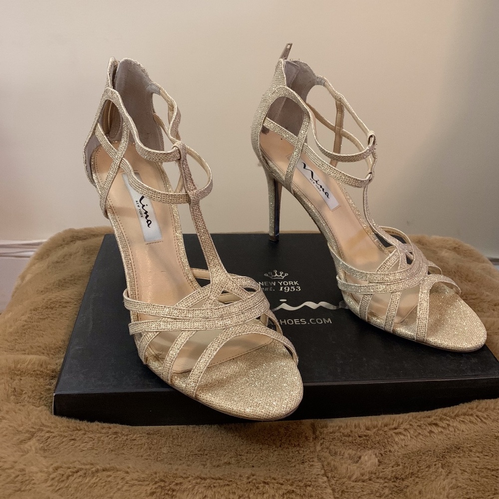 Strappy open toe gold heels